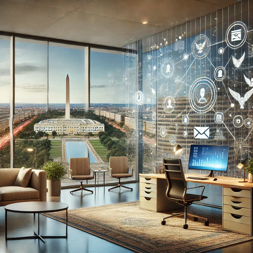 Modern virtual office in Arlington, Virginia with digital workspace and cityscape view.