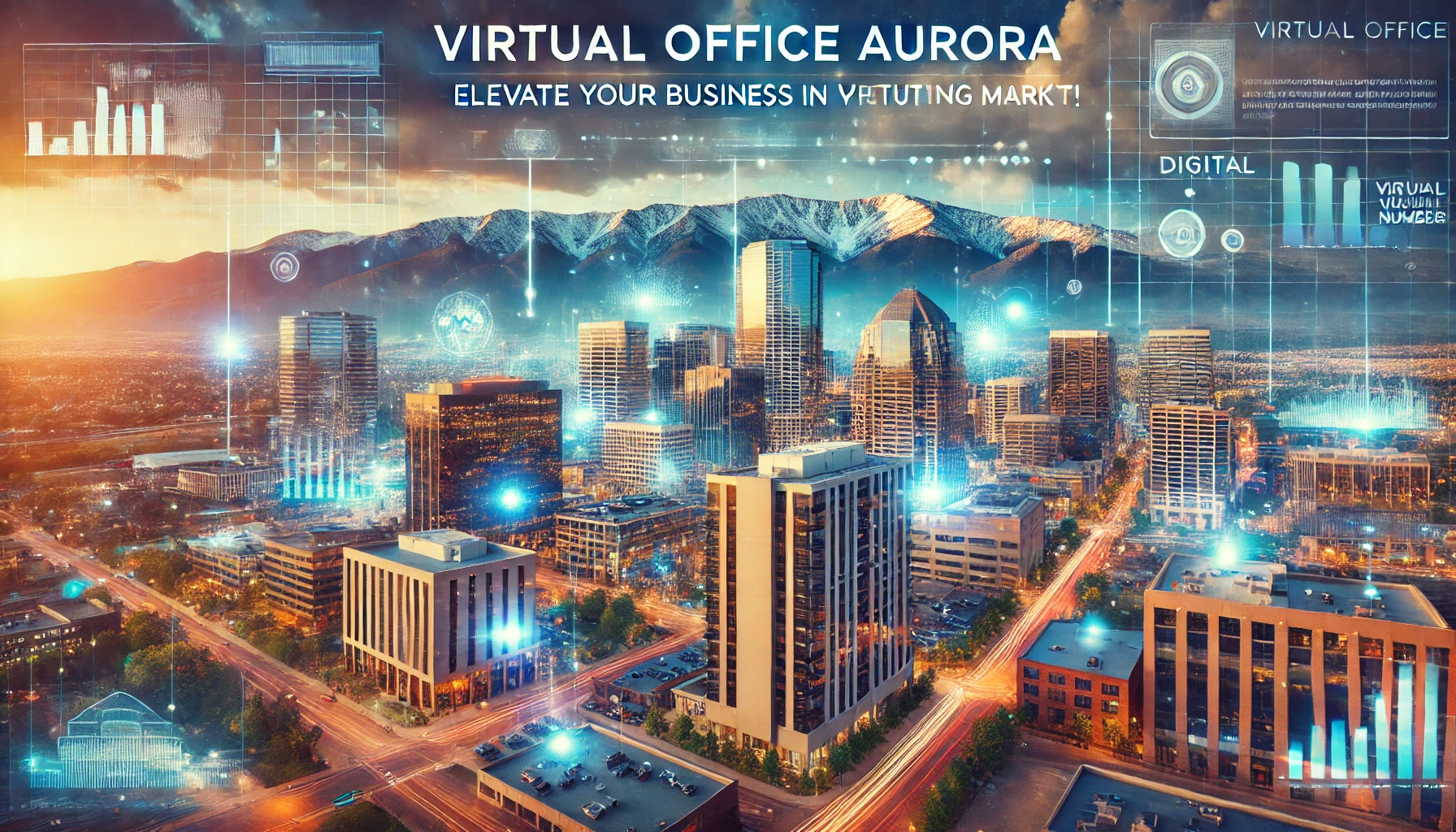 Aurora cityscape with mountains, modern office buildings, and digital overlays representing virtual office services.