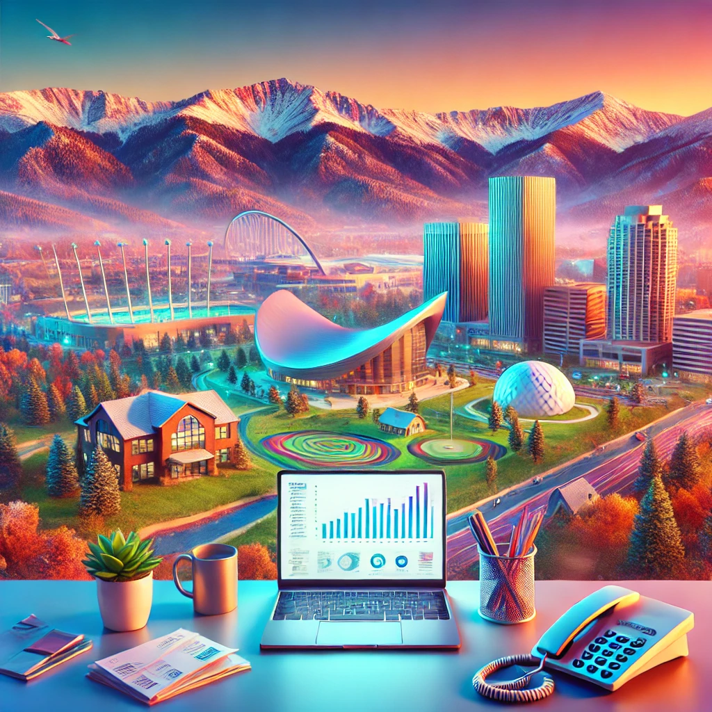 Scenic view of Colorado Springs with the Rocky Mountains and a modern virtual office setup.