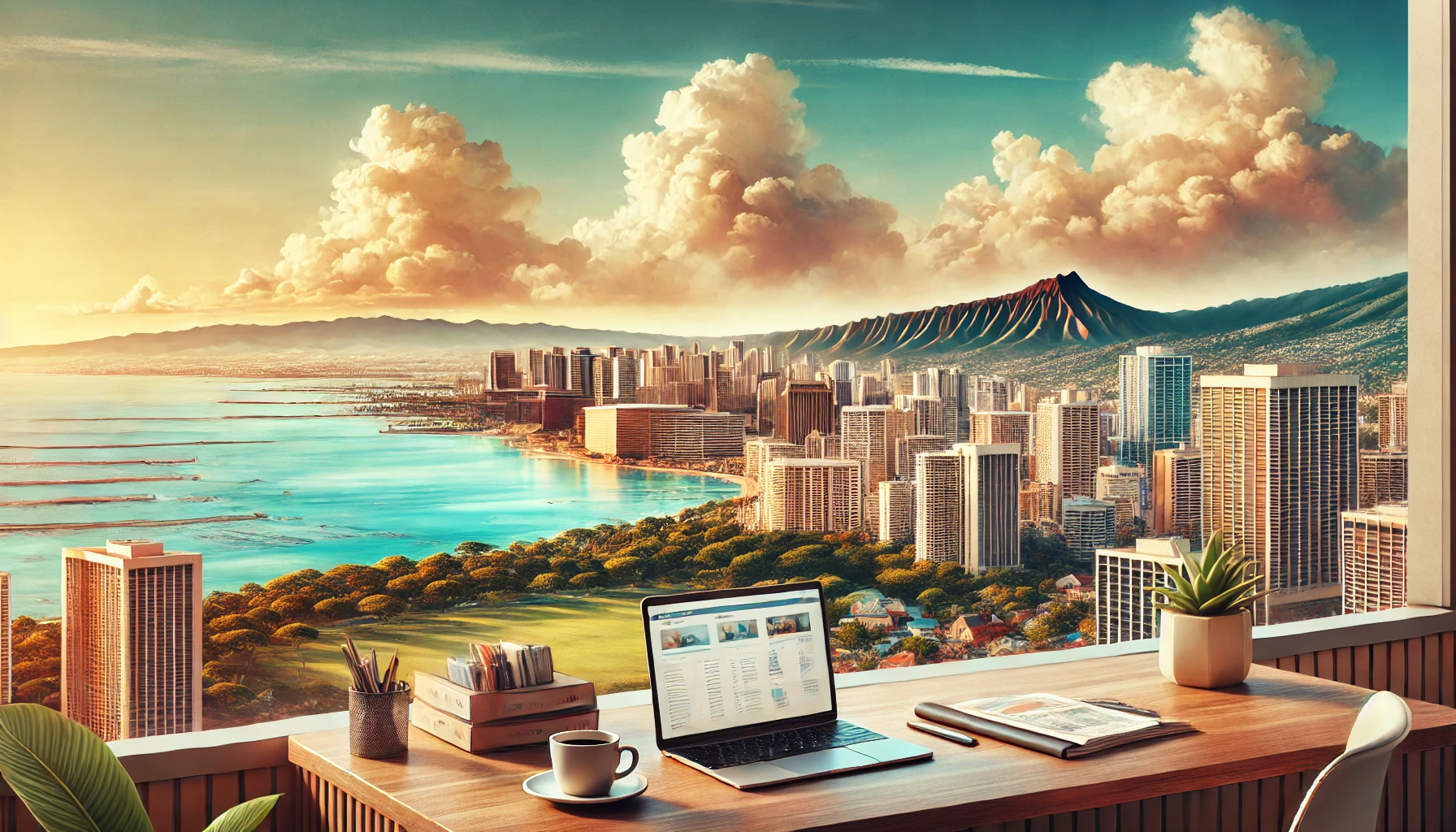 Panoramic view of Honolulu skyline with a modern workspace, symbolizing virtual office benefits.