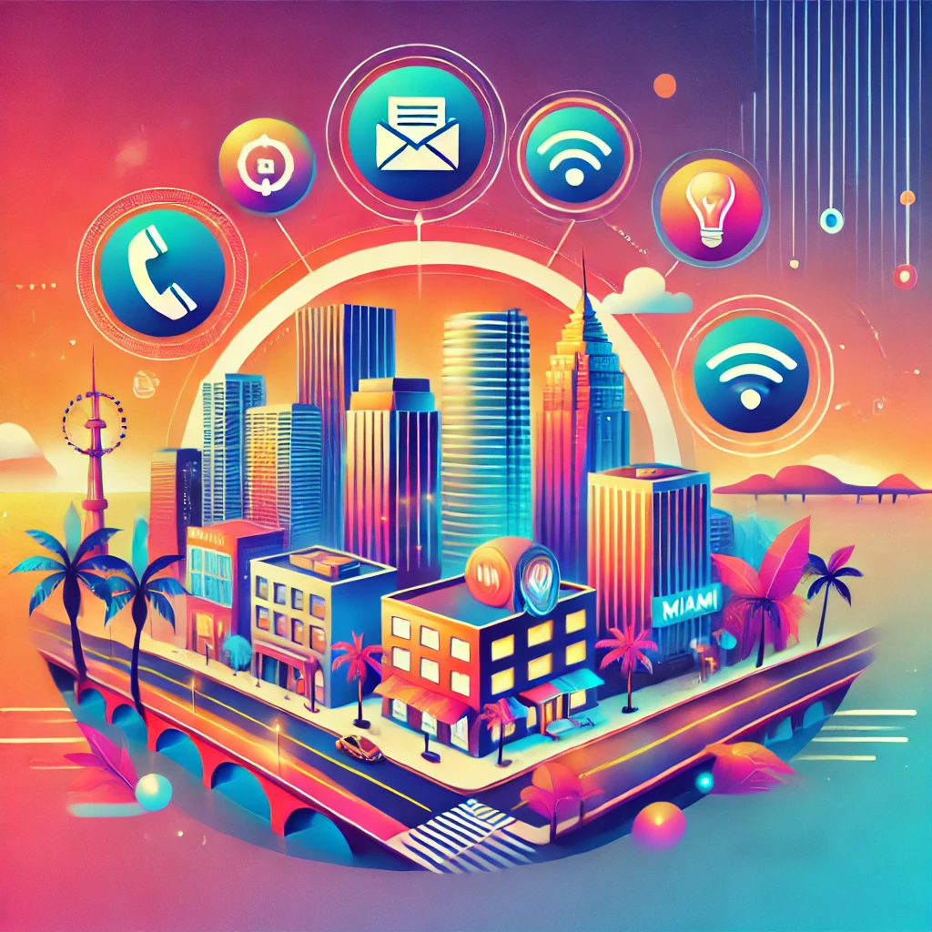Vibrant illustration of Miami skyline with virtual office symbols.
