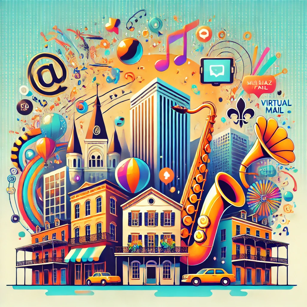 Vibrant hero image representing virtual offices in New Orleans with jazz, Mardi Gras colors, and business technology symbols.