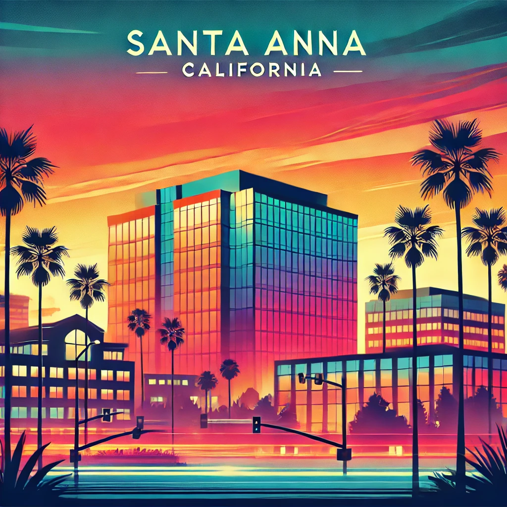 Santa Ana skyline at sunset, highlighting virtual office opportunities.