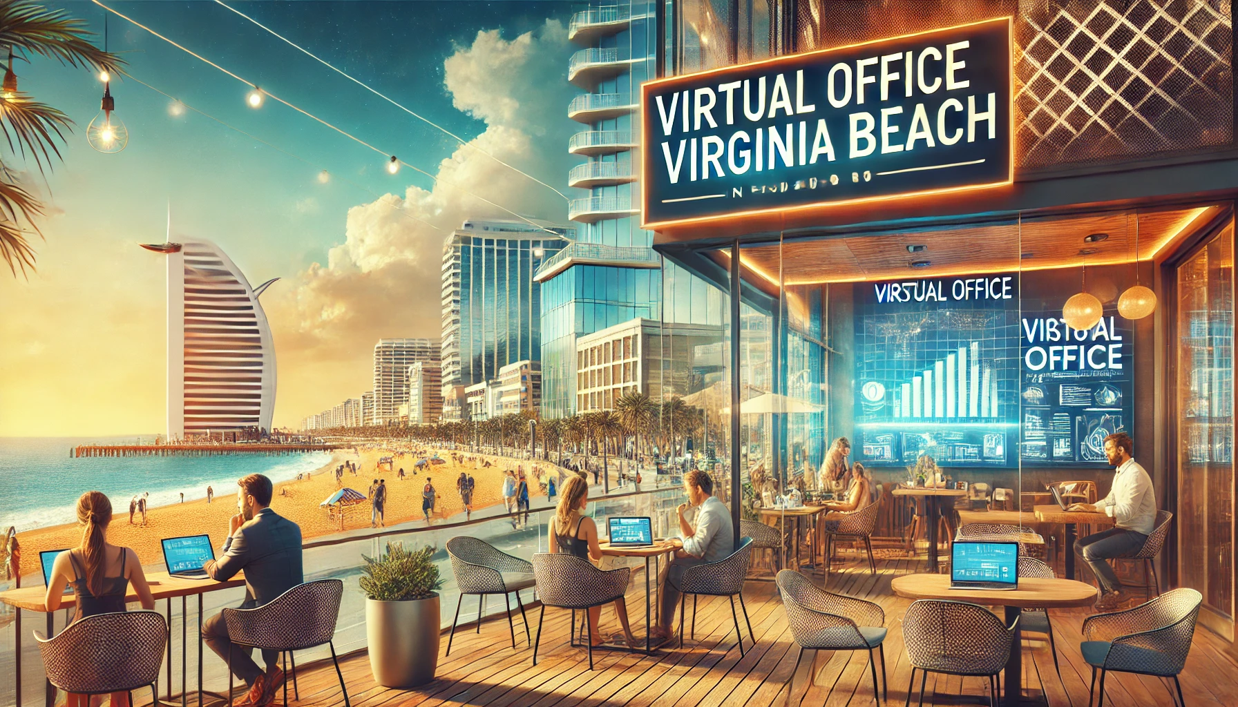 Scenic view of Virginia Beach boardwalk with virtual office setup.