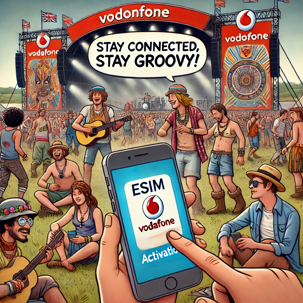 Festival-goers at Glastonbury enjoying music while holding smartphones showing eSIM activation screens, with a Vodafone banner in the background.