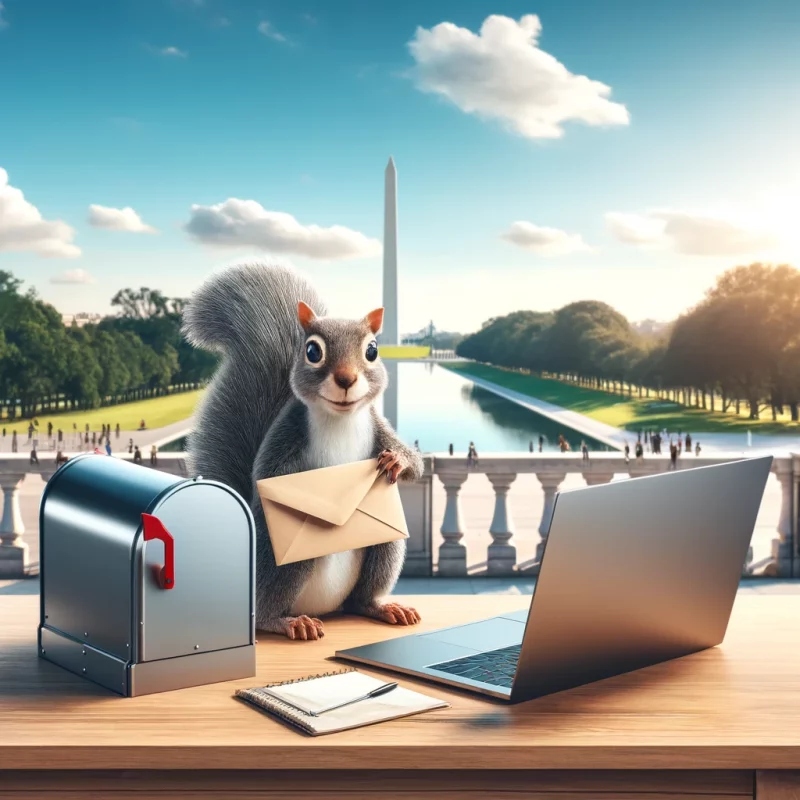 A modern business office setup on the National Mall in Washington DC, featuring a laptop on a desk, a mailbox, and the Washington Monument in the background. A playful squirrel is holding a business envelope in its paws.