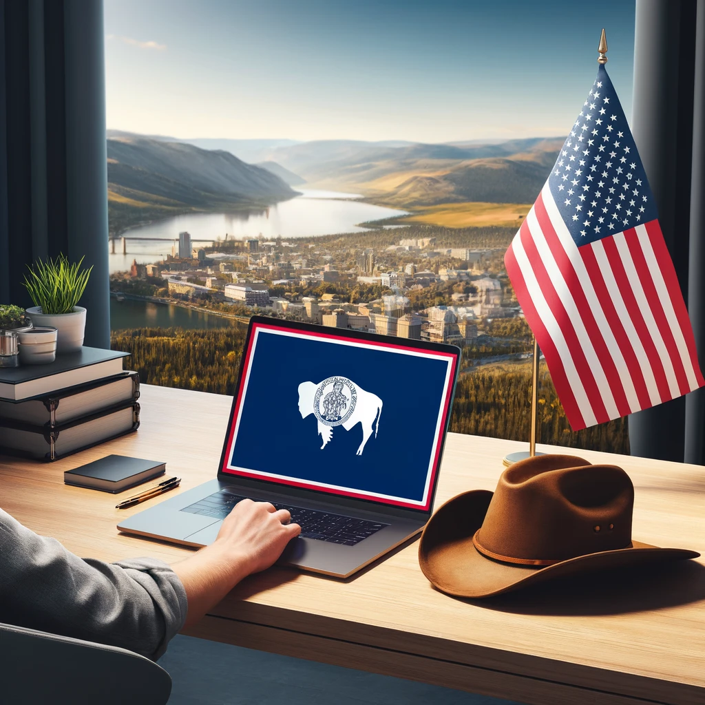 Person working at a modern office desk with a laptop, Wyoming flag, and a cowboy hat, with Wyoming's scenic landscape in the background.