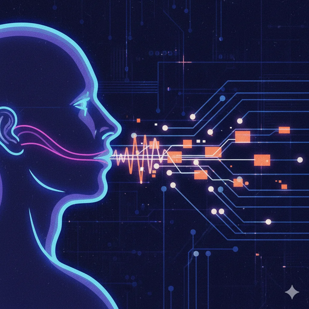 The Genesis of Digital Voice - ARPANET network with sound waves transforming into digital packets
