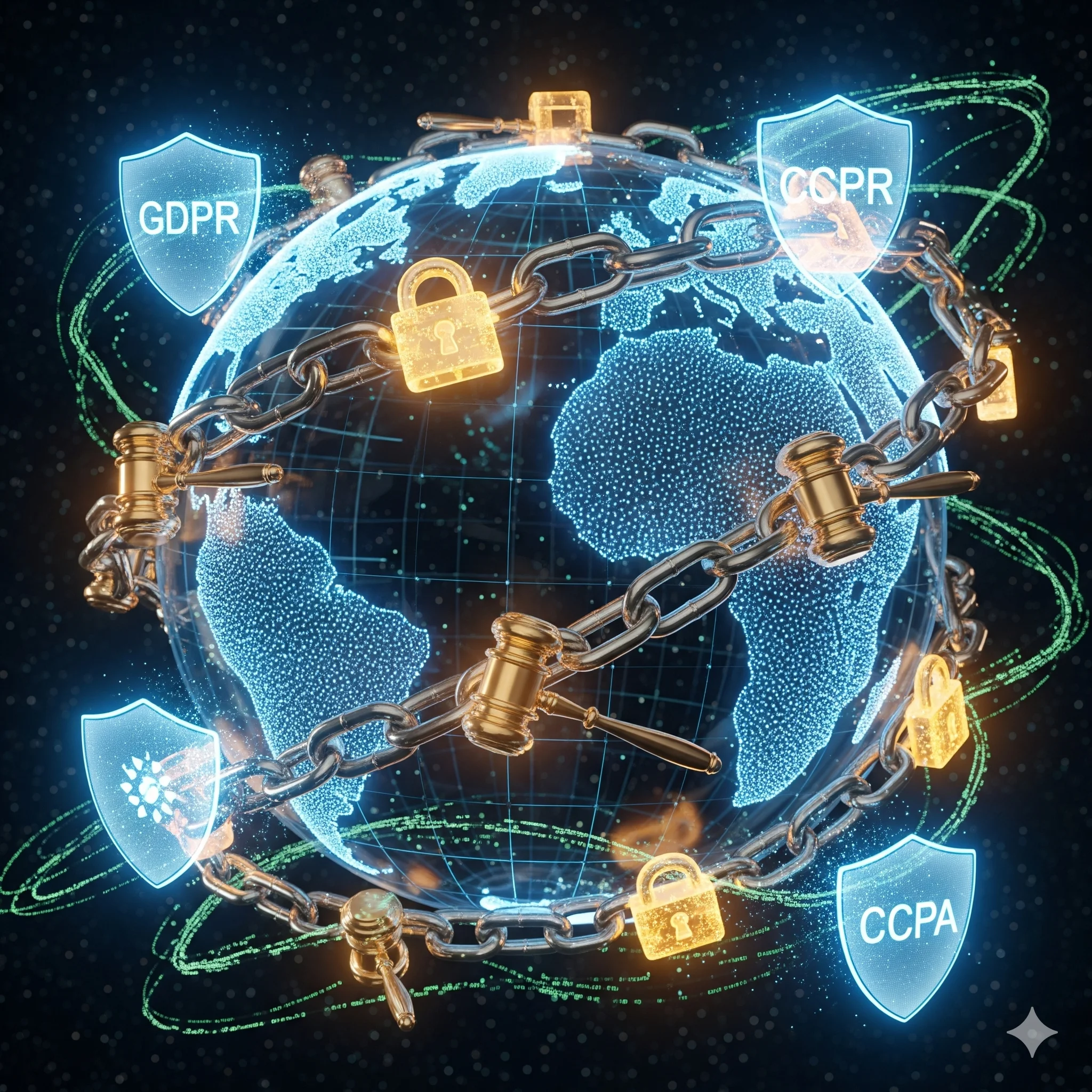 The Regulatory Tightening - Digital globe with GDPR and CCPA security shields